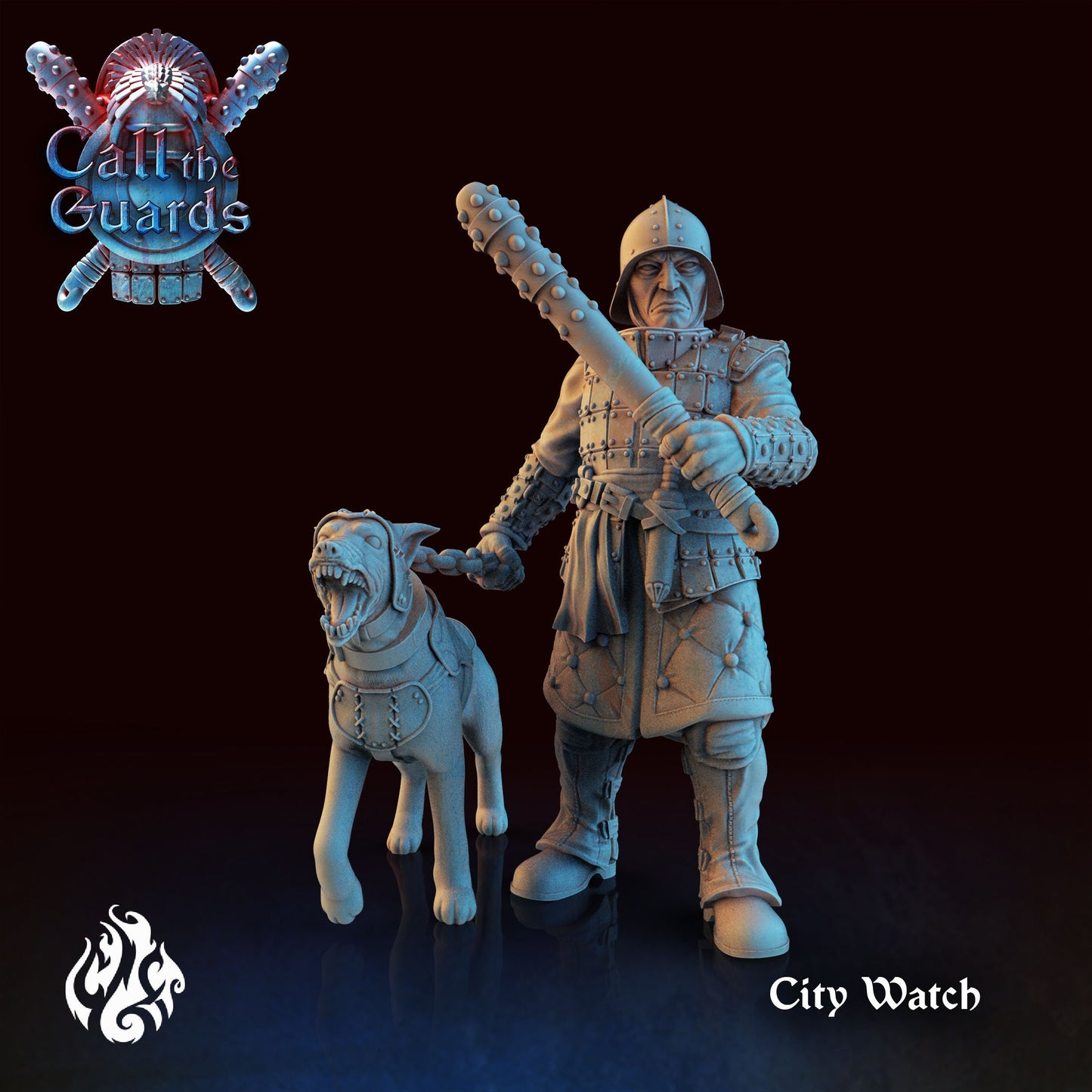 Male City Watch Guard and Dog from "Call the Guards" by Crippled God Foundry Miniatures RPG