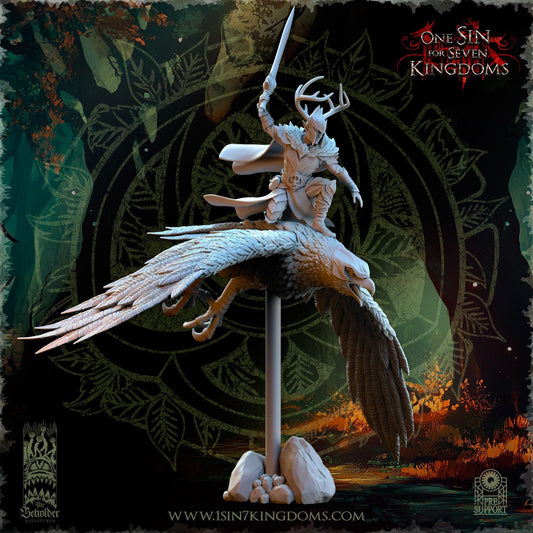 Evergreen Elves Faelar, Evergreen Elves Commander on Eagle by Beholder Miniatures
