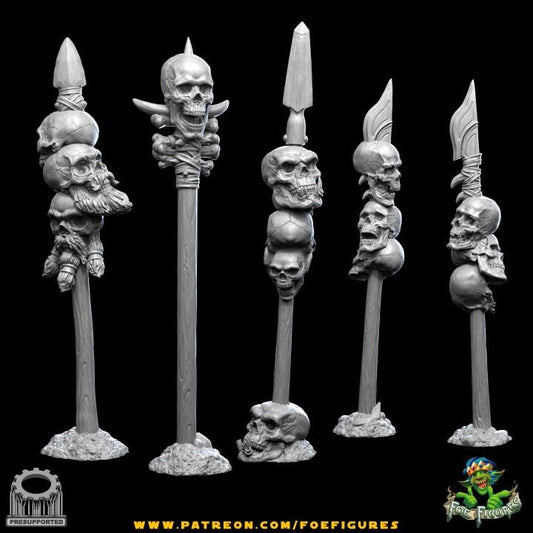 Impaled Skulls on Spears! 5 Versions! Elven, Goblin, and Dwarf Spears by Foe Figures Miniatures