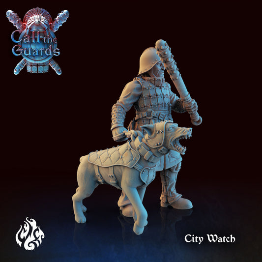Male City Watch Guard and Dog from "Call the Guards" by Crippled God Foundry Miniatures RPG