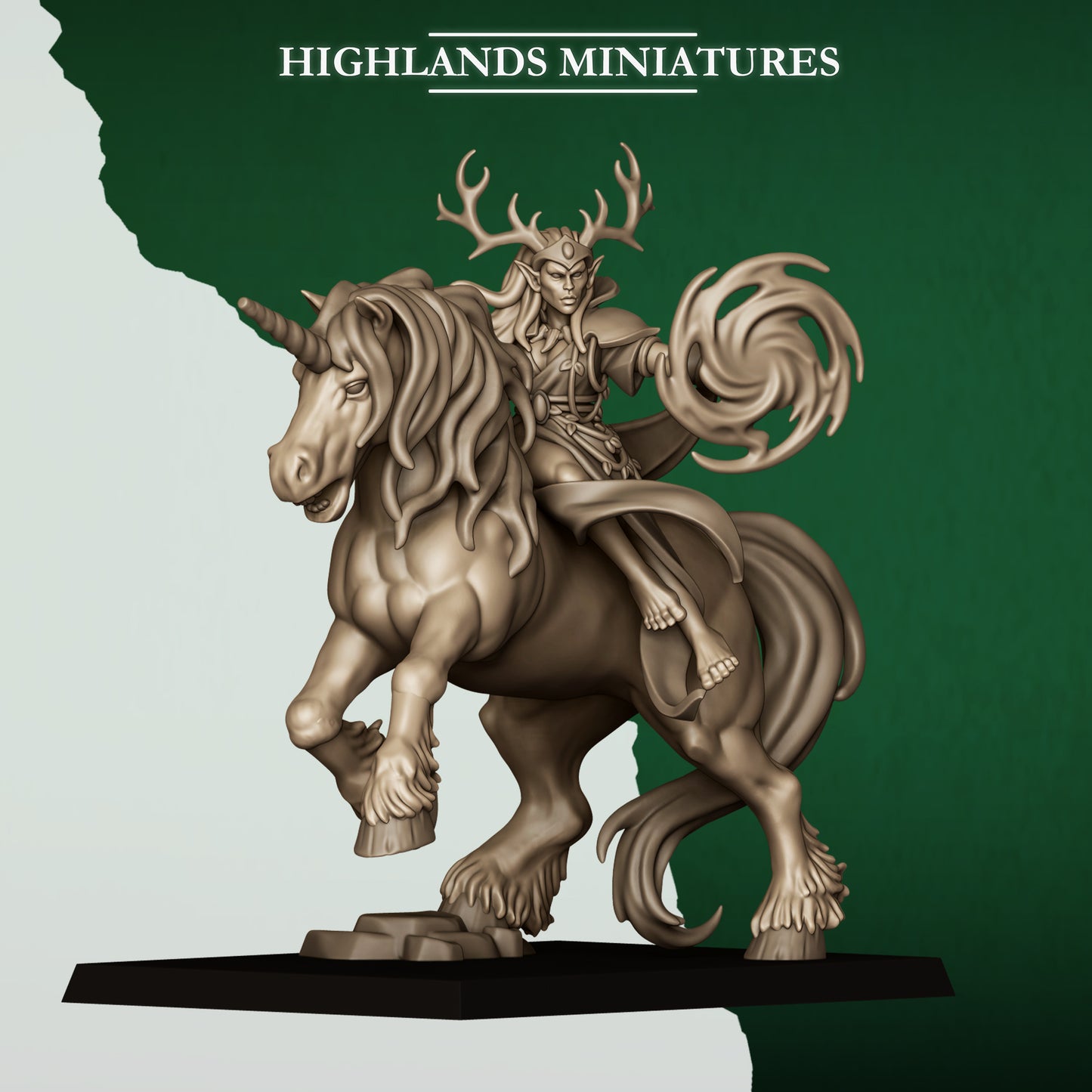 Mounted Feral Elf Druid on Unicorn By Highland Miniatures